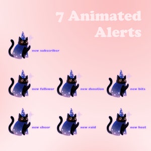Pode incluir: Sete alertas animadas com um gato preto usando um chap&eacute;u de mago roxo e azul e segurando uma varinha m&aacute;gica. O texto abaixo de cada gato diz: "novo assinante", "novo seguidor", "nova doa&ccedil;&atilde;o", "novos bits", "novo cheer", "novo raid" e "novo host".