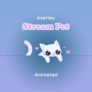 Könnte beinhalten: Ein digitales Overlay mit einem Cartoon-Katzen-Design. Die weiße Katze hat große blaue Augen und rosa Akzente, mit Herzen, die um sie herum schweben. Der Text "Stream Pet" wird über der Katze angezeigt, mit dem Wort "Animated" darunter.