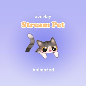 Puede incluir: Un gráfico digital que muestra un gato de dibujos animados con grandes ojos brillantes y una cola a rayas grises y blancas. El texto overlay Stream Pet aparece en amarillo con un borde blanco, y la palabra Animated está escrita en blanco.