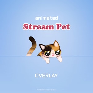 Könnte beinhalten: Eine digitale Grafik mit einer Glückskatze mit großen, funkelnden Augen und einem kleinen Schwanz, die über eine horizontale Linie schaut. Der Text lautet "animated Stream Pet" und "OVERLAY" in Weiß und Rot auf hellblauem Grund.