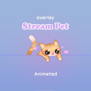 May include: A digital graphic overlay featuring a cartoon orange tabby cat with large sparkling eyes and a small pink mouth. The cat is positioned above a horizontal line on a light purple background with the text overlay Stream Pet Animated.