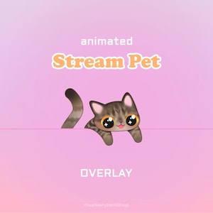Könnte beinhalten: Eine digitale Grafik mit einer braunen getigerten Katze mit großen, funkelnden Augen, die über eine horizontale Linie schaut. Der Text lautet animated Stream Pet und OVERLAY vor einem sanften rosa Farbverlauf. Die Katze hat einen geschwungenen Schwanz.
