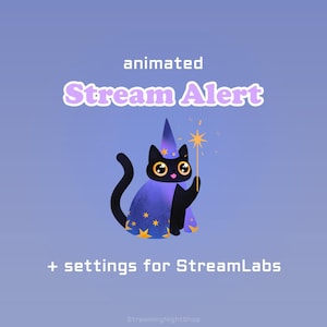 Può includere: Grafica animata con un gatto nero con cappello e mantello da mago, che tiene in mano una bacchetta a stella. Il testo "Stream Alert" è in una bolla viola, con "animated" sopra e "+ settings for StreamLabs" sotto.