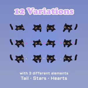 K&ouml;nnte beinhalten: Eine digitale Illustration mit zw&ouml;lf Variationen einer schwarzen Katze mit goldenen Augen. Das Bild enth&auml;lt den Text "12 Variations" und "with 3 different elements Tail &bull; Stars &bull; Hearts" auf einem blauen Farbverlaufshintergrund.