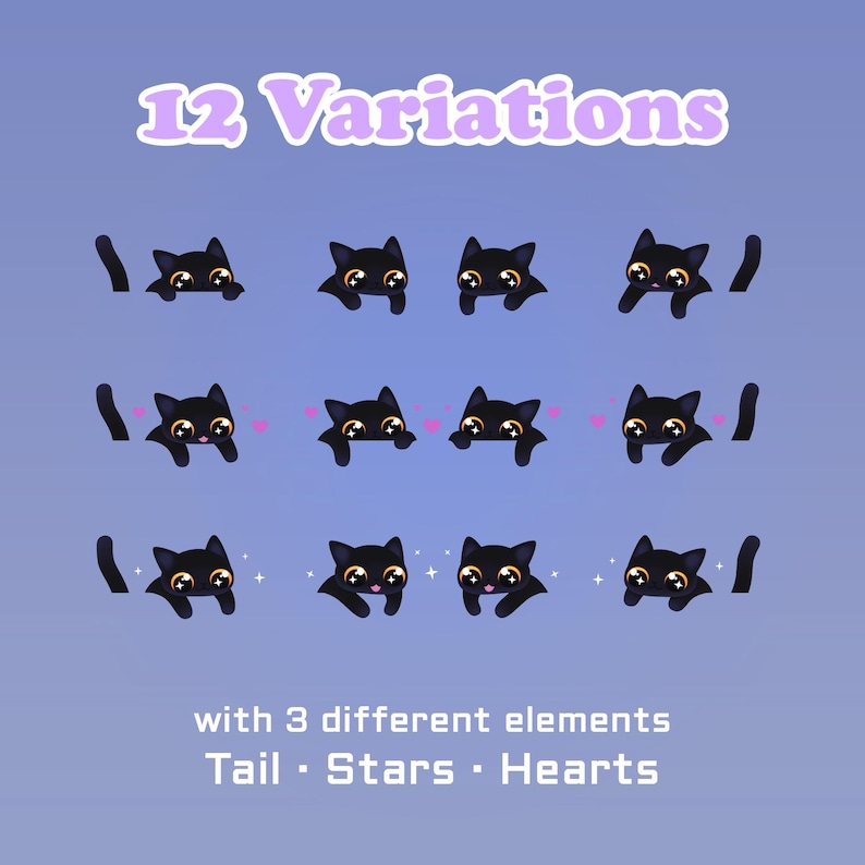 K&ouml;nnte beinhalten: Eine digitale Illustration mit zw&ouml;lf Variationen einer schwarzen Katze mit goldenen Augen. Das Bild enth&auml;lt den Text "12 Variations" und "with 3 different elements Tail &bull; Stars &bull; Hearts" auf einem blauen Farbverlaufshintergrund.