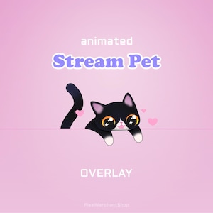 Puede incluir: Un gráfico digital animado que presenta un gato blanco y negro con grandes ojos brillantes y patas blancas. El gato está posicionado sobre un fondo rosa claro con pequeños corazones rosas. El texto dice animated Stream Pet y OVERLAY.