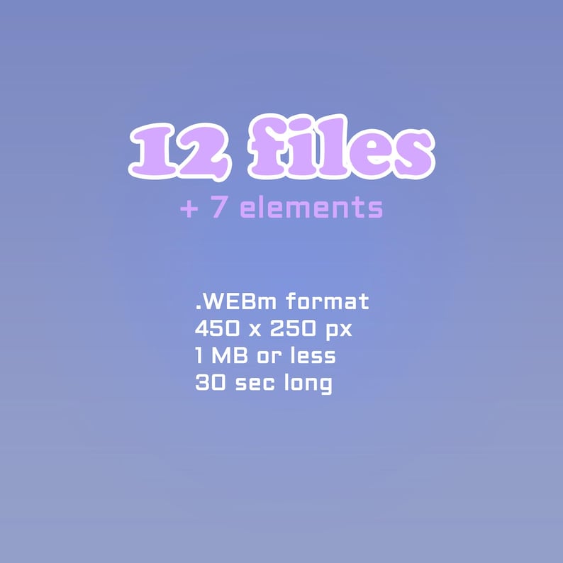 K&ouml;nnte beinhalten: Eine digitale Grafik auf einem blauen Farbverlaufshintergrund. Der Text lautet "12 Dateien + 7 Elemente". Darunter sind die Dateispezifikationen aufgef&uuml;hrt: .WEBm-Format, 450 x 250 px, 1 MB oder weniger und 30 Sek. Der Text ist in einer verspielten, abgerundeten Schriftart.