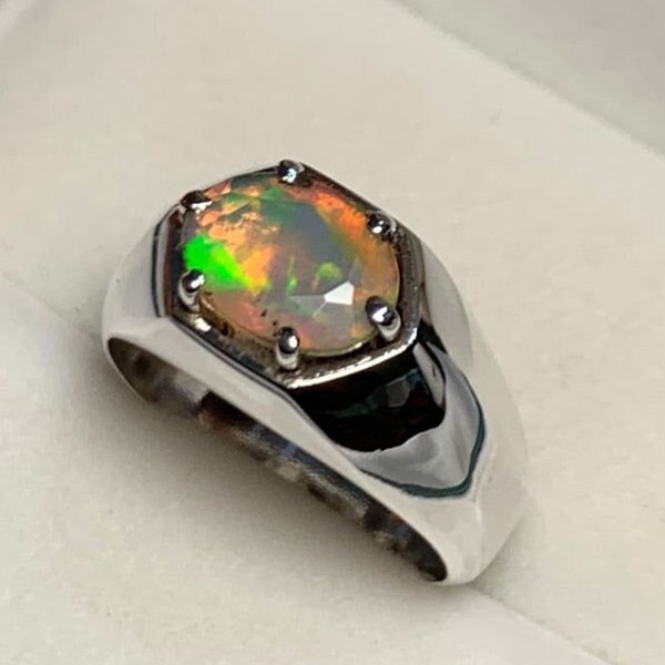 Natural Brilliant Fire Opal Mens Womens ring Sterling Silver 925 Handcrafted Color Change Fire Opal Man Woman Unisex Ring October Birthstone