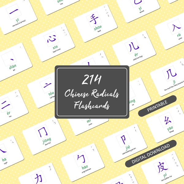 Printable | 214 Basic Chinese Radicals Flashcards With Strokes Order | Pinyin Pronunciation And English Translation | Study Tools