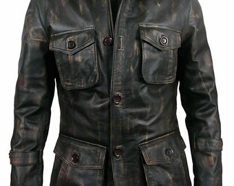 Men's Vintage Distressed Motorcycle Leather Jacket Genuine Leather Buttoned Coat