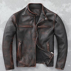 Mens Motorcycle Biker Vintage Cafe Racer Distressed Black Real Leather Jacket image 3