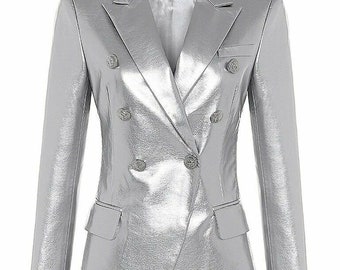 Femme Argenté métallisé Élégant Blazer Manteau en cuir Tailleur XS S M L XL XXL