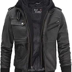 Vintage Bomber Hoodie with Removable Hood Men's Motorcycle Leather Jacket