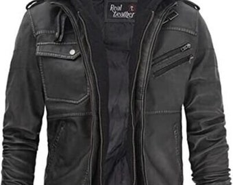 Vintage Bomber Hoodie with Removable Hood Men's Motorcycle Leather Jacket