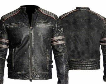 Men Biker Vintage Motorcycle Distressed Moto Black Retro Leather Jacket