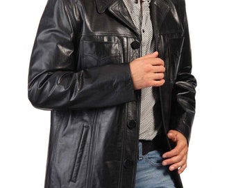 Men's 3/4 Black lightweight Lambskin Leather Jacket 4-Button 2 Patch Pocket