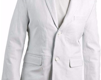 Men's Classic Leather Blazer Lambskin Sport Jackets Slim Fit Casual Blazer Stylish Coat(White)