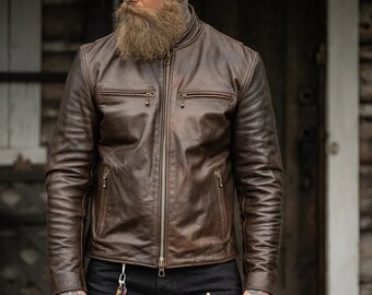 Veste en cuir pour hommes style motard moto veste en cuir marron en peau d'agneau véritable