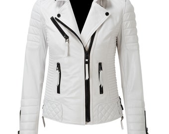 Women's Real Lambskin Leather Biker Jacket Motorcycle Quilted White Leather Jacket