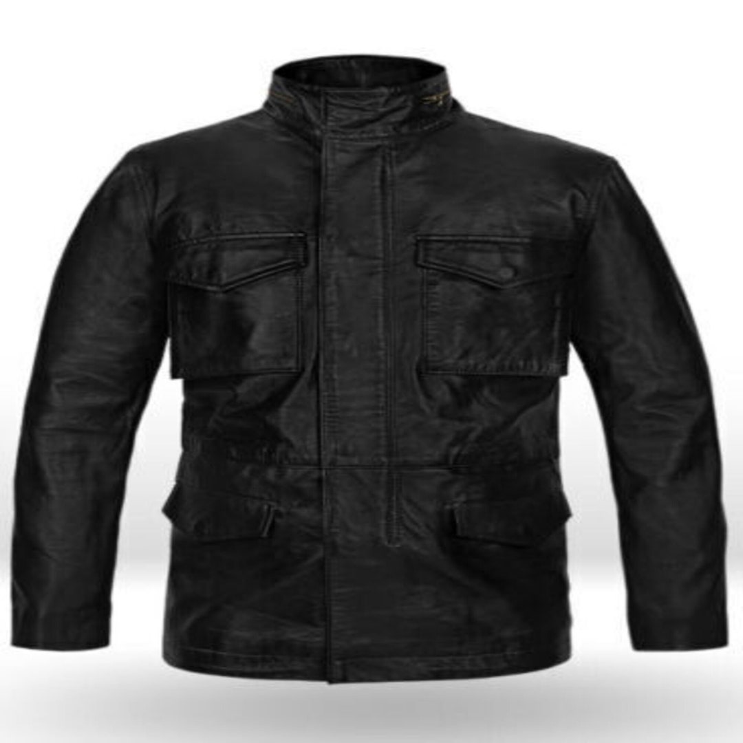 Men's Military M-65 Black Leather Jacket Real Lambskin Leather Moto ...