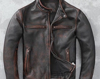 Veste de motard vintage en cuir véritable noir vieilli pour homme Cafe Racer