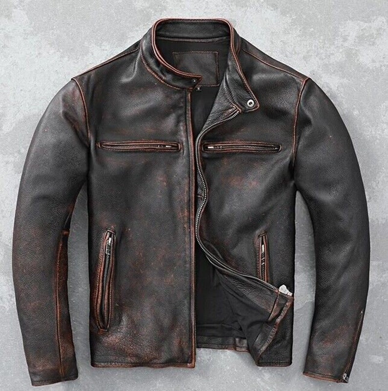Mens Motorcycle Biker Vintage Cafe Racer Distressed Black Real Leather Jacket image 1
