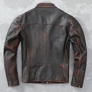 Mens Motorcycle Biker Vintage Cafe Racer Distressed Black Real Leather Jacket image 2