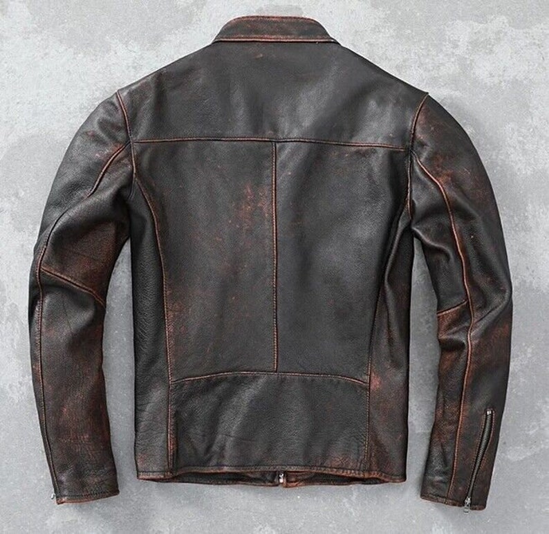 Mens Motorcycle Biker Vintage Cafe Racer Distressed Black Real Leather Jacket image 2