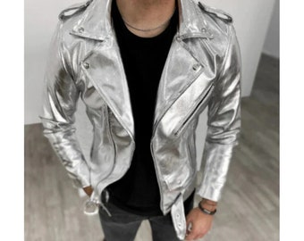 Veste en cuir pour homme, veste de motard avec ceinture argentée métallisée, manteau métallique brillant