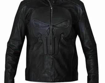 Punisher Black Padded Embossed Skull Biker Real Lambskin Leather Jacket