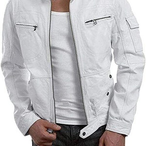 Men's White Leather Jacket Biker Slim fit Real Lambskin Leather Jacket Coat