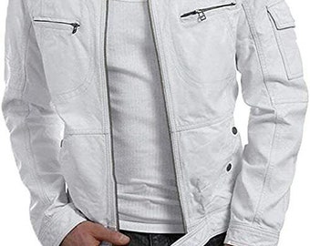 Veste en cuir blanc pour hommes Biker Slim fit manteau de veste en cuir d'agneau véritable