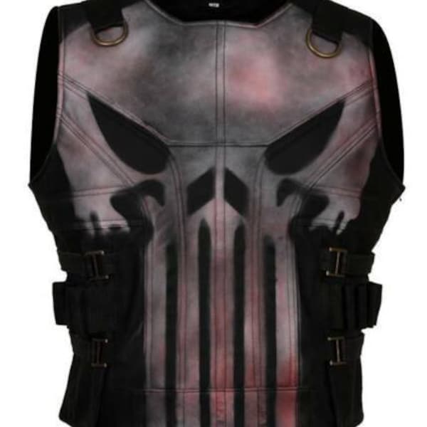 Men's Punisher Season 2 Skull Frank Castle Motorcycle Black Leather Vest Costume