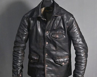 Manteau classique décontracté de style vintage pour hommes, veste en cuir noir vieilli