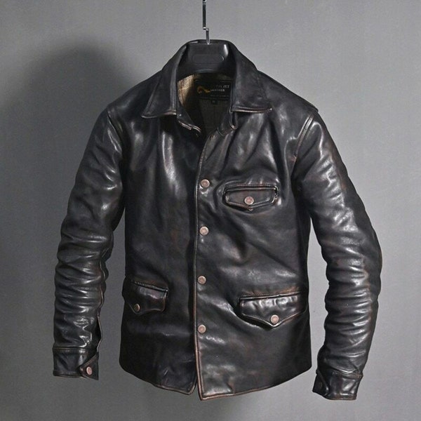 Men's Classic Casual Vintage Style Coat Distressed Black Leather Jacket