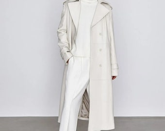 Women's White Stylish Trench Coat Lambskin Leather Long Trench Coat