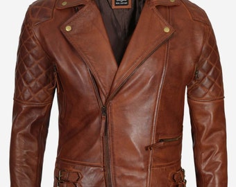 Men's Quilted Asymmetrical Distressed Brown Vintage Motorcycle Leather Jacket