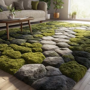 May include: A green and gray area rug with a stone pathway design. The rug features a textured, moss-like appearance in shades of green and gray, creating a natural, outdoor aesthetic. The rug is placed in a living room setting.