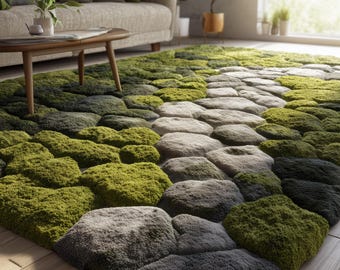 3D Moss Stone Rug: Nature Inspired Green Pebble Floor Mat