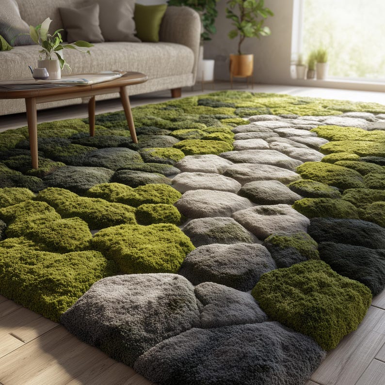 May include: A green and gray area rug with a stone pathway design. The rug features a textured, moss-like appearance in shades of green and gray, creating a natural, outdoor aesthetic. The rug is placed in a living room setting.