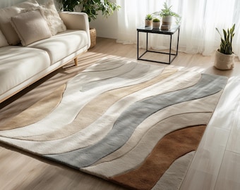 Neutral Abstract Wavy Rug: Modern Beige, Cream & Gray Organic Design