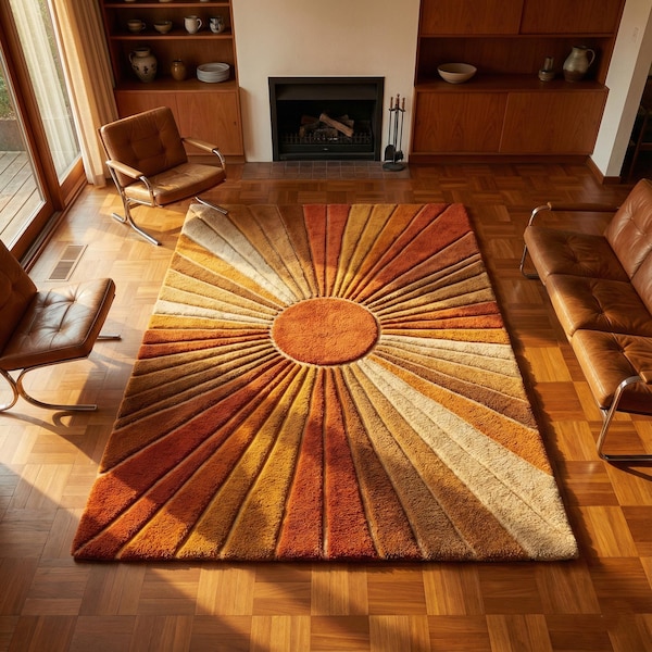 Mid Century Sunburst Retro Hand Tufted Wool Rug in Warm Earth Tones