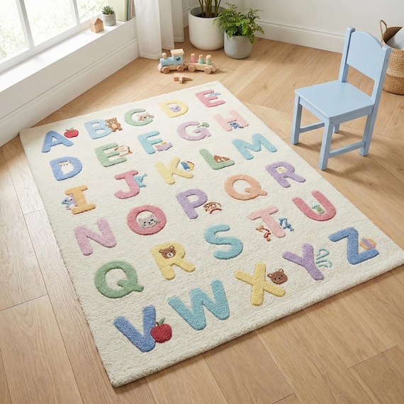 Nursery Alphabet Rug Soft Wool Kids Learning Playroom Decor Handmade