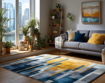 Moderner Abstrakter Geometrischer Teppich: Senfgelb, Blau & Grau Color Block
