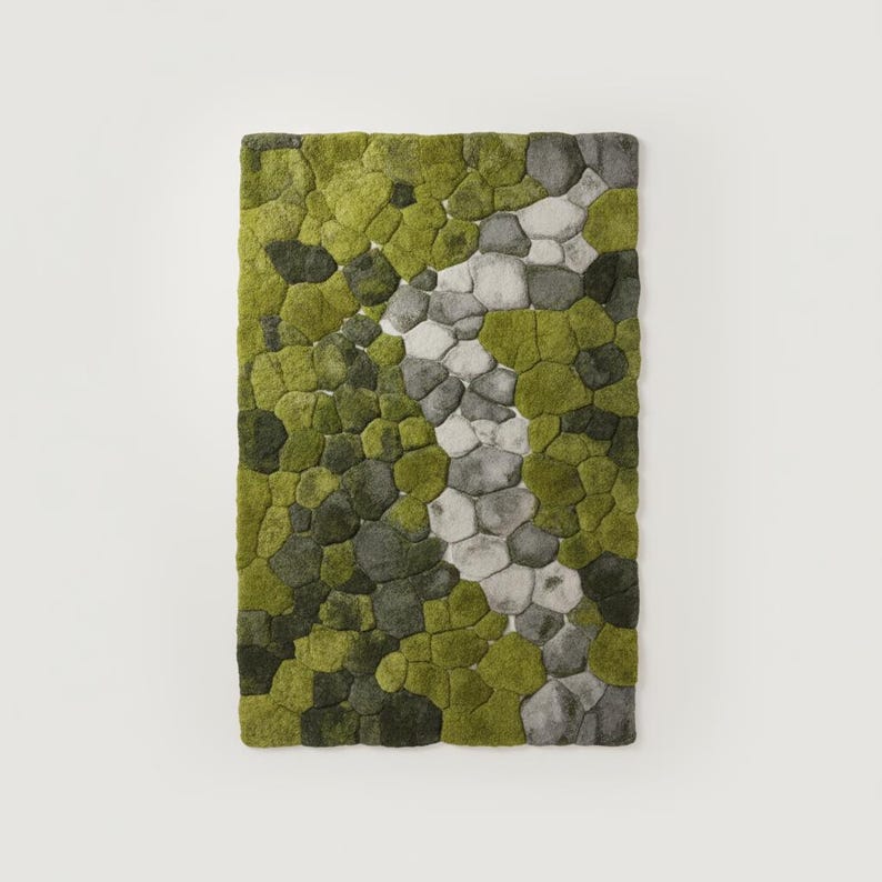 May include: A rectangular rug with a textured surface, featuring a pattern of green, gray, and white shapes resembling stones. The rug's design includes varying shades of green, with a central line of gray and white stones.