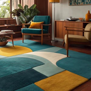 May include: A contemporary living room with a patterned rug in teal, yellow, and cream. The room features a teal armchair with a yellow cushion, a wooden side table, and a wooden cabinet. The rug has a geometric design.