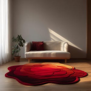 Romantic floral rug adding bold style to a minimalist interior.