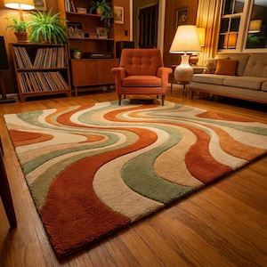 May include: A large, rectangular area rug with a retro design. The rug features a wavy pattern in shades of rust, beige, green, and cream. The rug is placed on a hardwood floor in a living room setting.