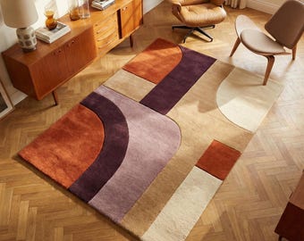 Mid Century Modern Abstract Rug, Retro Geometric Wool Area Rug, High Pile Sculpted Handmade Living Room Statement Carpet