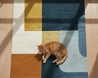 Marineblauw mosterdroest geometrisch kleurblok vloerkleed, rechthoekig modern midden van de eeuw